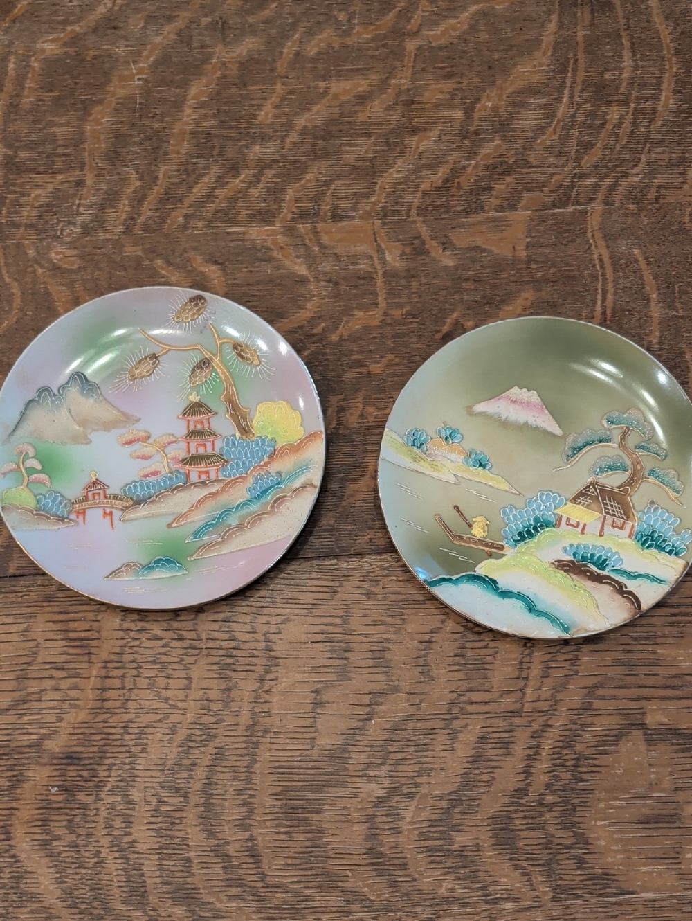 Pair of Hand-Painted Scenic Decorative Plates in Pastel Green & Multicolor